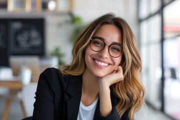 Cheerful businesswoman with hand on chin sitting in office
