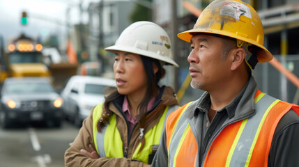 Construction Workers Contemplating Roadside Project.
Two construction workers in reflective gear standing by a busy roadside construction site.