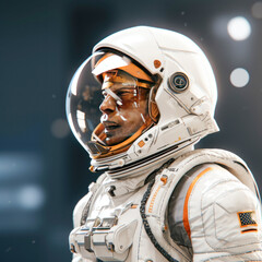 happy astronaut in helmet while standing in white protective suit