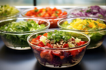 Vibrant Culinary Art: Colorful Salads Served in Glass Bowls or on Plates, Bursting with Freshness and Visual Delight