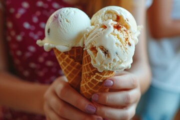 Close-up of two delicious ice creams served in a cone with a wafer cookie on its tip held by the hands of 2 friends