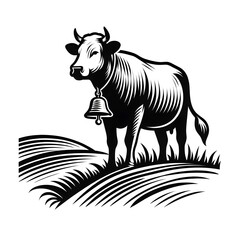 A line art drawn illustration a cow Standing in a field