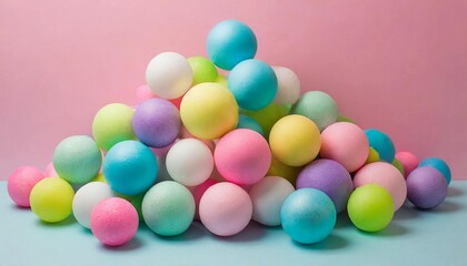 Fototapeta na wymiar Heap of colorful pastel balls on pastel pink-blue background. Creative and fun