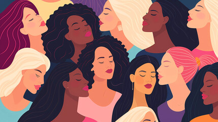 A diverse mixed-race group of women embrace herself .International Women day concept.flat vector illustration