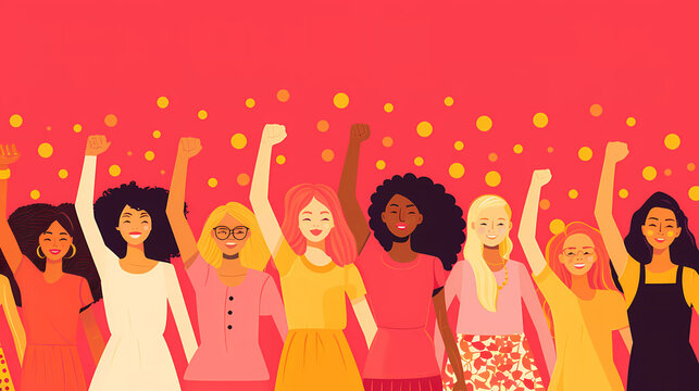 A diverse mixed-race group of women raising hand into the air.International Women day concept.flat vector illustration