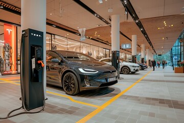 Electric vehicle charging services station in shopping mall - obrazy, fototapety, plakaty