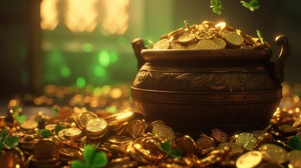 Pot of Gold Coins and Shamrocks for St. Patricks Day Celebration, Symbolizing Luck