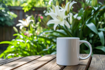 Mock up of a white color 11oz Mug in Lily Garden background, product mockup
