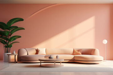 Fototapeta premium Modern room interior. Sofa with pillows against the empty wall. A beautiful large flower near the sofa. Room design in trendy colors 2024. Color of the year 2024 - Peach Fuzz.