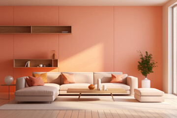Modern room interior. Sofa with pillows against the empty wall. A beautiful large flower near the sofa. Room design in trendy colors 2024. Color of the year 2024 - Peach Fuzz.