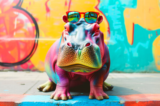 Funny colorful hippopotamus wearing sunglasses in studio with a colorful and bright background. Fashion-forward hippo with trendy glasses. hippopotamus Portrait of Animal in fashion.