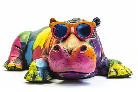 Funny colorful hippopotamus wearing sunglasses in studio with a colorful and bright background. Fashion-forward hippo with trendy glasses. hippopotamus Portrait of Animal in fashion.