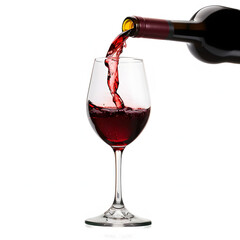 A glass of red wine being poured into a wine glass isolated on white background, vintage, png
