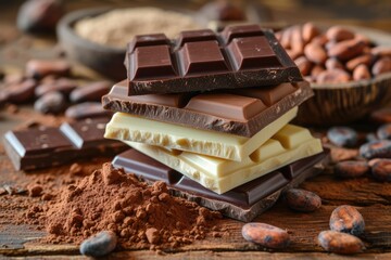 Front view of a stack of three types of chocolate bars surrounded by cocoa powder and cocoa beans...