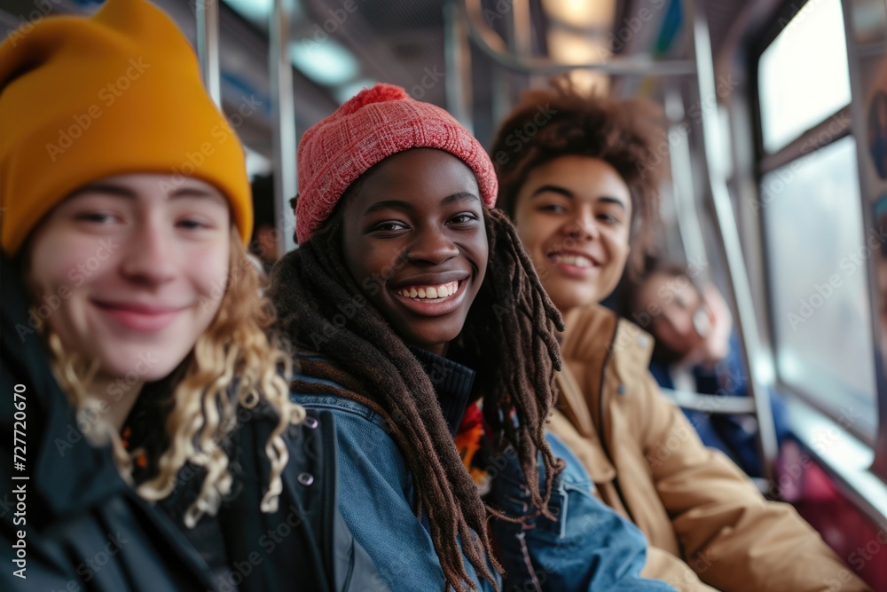 Canvas Prints Group of teenage friends, of different ethnicity, is riding in a subway train and smiling. 