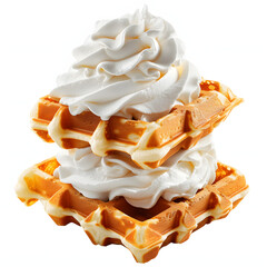 A stack of fluffy waffles with whipped cream isolated on white background, png
