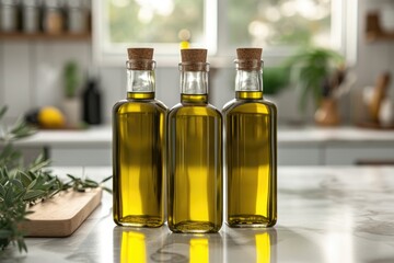 Group of three olive oil bottles isolated at the center of the image on a kitchen countertop