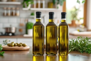 Group of three olive oil bottles isolated at the center of the image on a kitchen countertop 