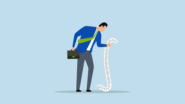 4k animation of Paying bills, businessman analyze budget, pay charge on long receipt paper.