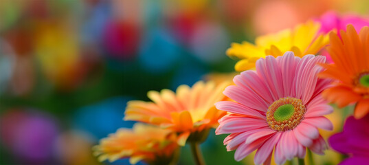 vibrant color concept. colors of rainbow. bright colorful multicolored gerbera flowers. Bunch of multi coloured gerberas. Bright background of multi-colored daisies, top view