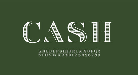 Retro alphabet serif decorative striped font, lettering for logo and brand name, letters A-Z and numerals 0-9, vector illustration 10EPS