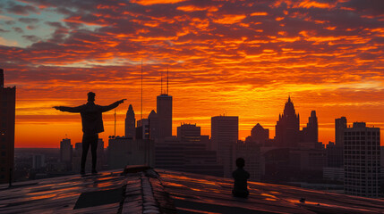 Embracing the Dawn: A Man’s Moment on the City Rooftop