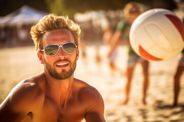 Beach volleyball players wearing sunglasses on a volleyball court under the sun. Dynamic sports...