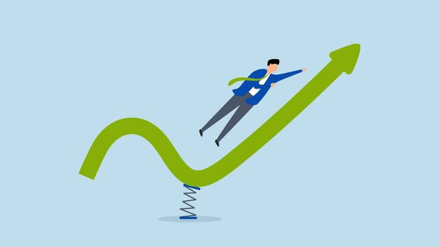 Stock market rebound, 4k animation&nbsp;businessman jumping high on trampoline with green rising performance arrow chart.