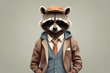 illustration of a raccoon wearing retro fashion clothes - obrazy, fototapety, plakaty