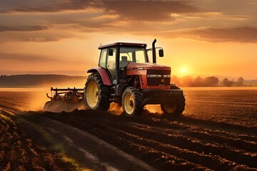 Obraz premium Agricultural tractor plowing cereal field at sunset background. Agroindustry and agribusiness. Loosening of the soil between the rows of bushes. Agriculture background concept