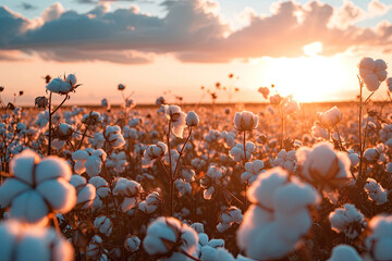Cotton farm during harvest season. Field of cotton plants with white bolls. Sustainable and eco-friendly practice on a cotton farm. Organic farming. Raw material for textile industry - obrazy, fototapety, plakaty
