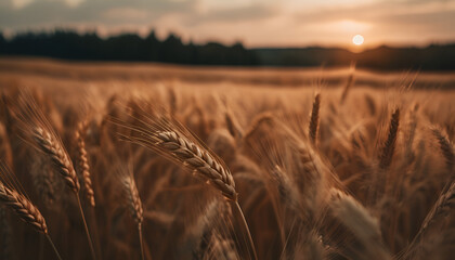 Closeup of the golden wheat field at sunset for agricultural harvest season food farming crop industry concept background - obrazy, fototapety, plakaty