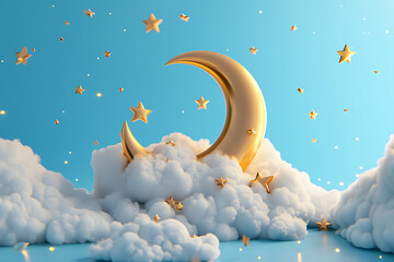 Obraz na płótnie Canvas Crescent moon and golden stars with white clouds in the sky 3d style on background.