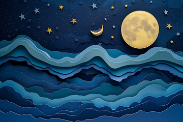 Moon and stars in the sky at night . Paper art style background.