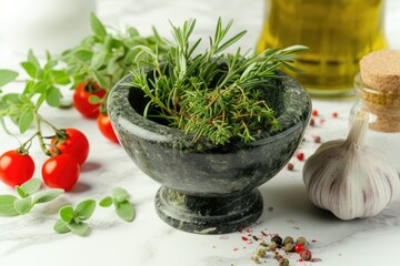 Italian ingredients: Front view of a mortar full of fresh aromatic herbs 