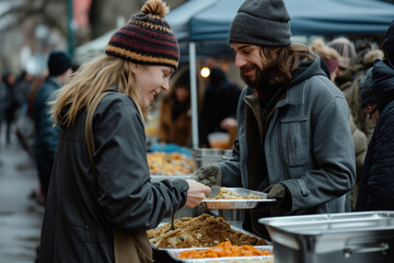 compassionate volunteer distributing food and supplies to people in need at a local soup kitchen