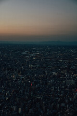 Foto del atardecer sobre la ciudad de Tokio, Japón, desde las alturas.