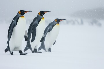 King penguins (Aptenodytes patagonicus) walking in snowstorm. 