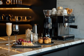 Fototapeta na wymiar Kitchen counter with desserts, sparkling wine and espresso machine 