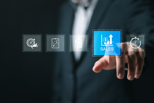 Increase sale concept. Businessman touching virtual sale icon for growth profit. Sales growth, increase sales and business growth Business successful.