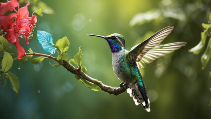 Fototapeta premium Delicate ballet of a hummingbird as it hovers and then gracefully lands on a slender branch and its iridescent feathers catching the sunlight against a lush green backdrop of nature