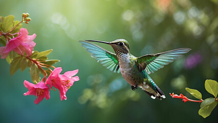 Fototapeta premium Delicate ballet of a hummingbird as it hovers and then gracefully lands on a slender branch and its iridescent feathers catching the sunlight against a lush green backdrop of nature