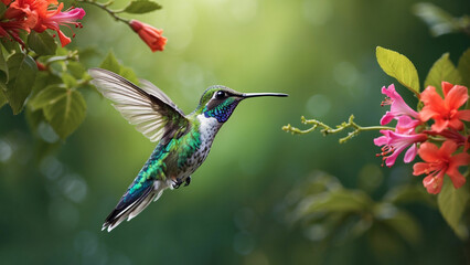 Fototapeta premium Delicate ballet of a hummingbird as it hovers and then gracefully lands on a slender branch and its iridescent feathers catching the sunlight against a lush green backdrop of nature