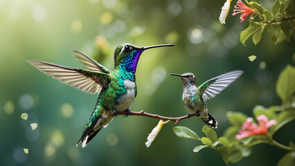 Obraz premium Delicate ballet of a hummingbird as it hovers and then gracefully lands on a slender branch and its iridescent feathers catching the sunlight against a lush green backdrop of nature