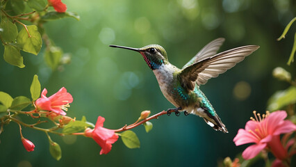 Naklejka premium Delicate ballet of a hummingbird as it hovers and then gracefully lands on a slender branch and its iridescent feathers catching the sunlight against a lush green backdrop of nature