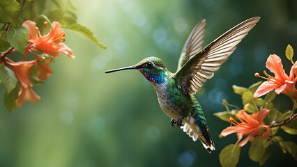 Fototapeta premium Delicate ballet of a hummingbird as it hovers and then gracefully lands on a slender branch and its iridescent feathers catching the sunlight against a lush green backdrop of nature