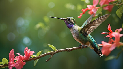 Fototapeta premium Delicate ballet of a hummingbird as it hovers and then gracefully lands on a slender branch and its iridescent feathers catching the sunlight against a lush green backdrop of nature