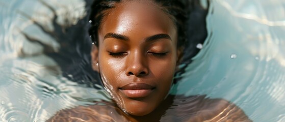 a close up of a woman in a pool of water with her eyes closed and her head above the water. Woman with eyes closed swimming in water at beach. Generative ai - obrazy, fototapety, plakaty
