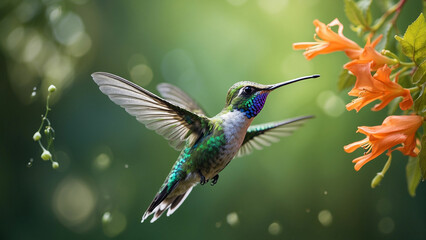 Fototapeta premium Delicate ballet of a hummingbird as it hovers and then gracefully lands on a slender branch and its iridescent feathers catching the sunlight against a lush green backdrop of nature