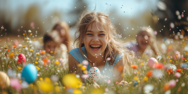 Children's Easter joy with an egg hunt in a sunny meadow filled with colorful flowers and eggs.